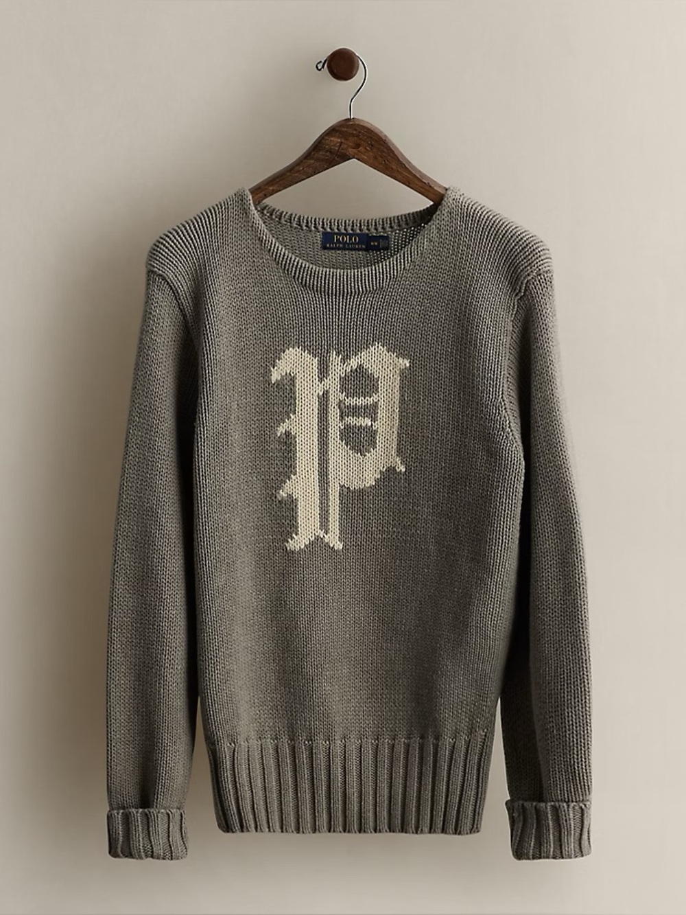 Polo Ralph Lauren Vintage P Logo Heavy Knit Crewneck Sweater Gray Cotton XXL